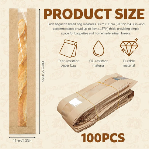 Yitexin 100 Packs Packaging (100Pcs) Paper Bread Bags with Clear Front Window, Reusable Baguette Bags for Homemade