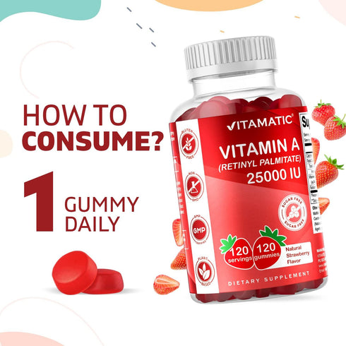Vitamatic Sugar Free Vitamin A 25000 IU Gummies, Natural Strawberry Flavor, 120 Gummies