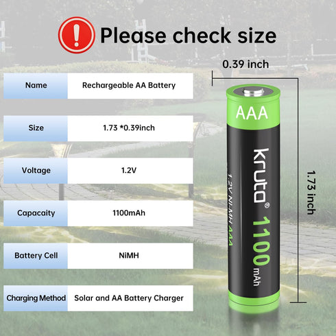 Kruta Solar Lights Batteries AAA 1100mah High Capacity 1.2V Ni-MH Rechargeable for Outdoor Solar Lights, Pack of 8