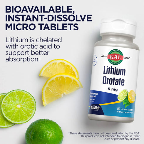 KAL Lithium Orotate ActivMelt 90 Micro Tablets, 5mg for Healthy Mood Support, Natural Lemon Lime Flavor