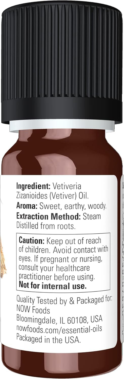 NOW Essential Oils Vetiver Oil, 100% Pure Woodsy Aromatherapy Scent, 10-mL, Child Resistant Cap