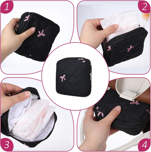 Josojoou Cute Bow Sanitary Napkin Storage Bag with Dividers and Zipper, Cute Period Bag Pouch, Portable Tampon Holder