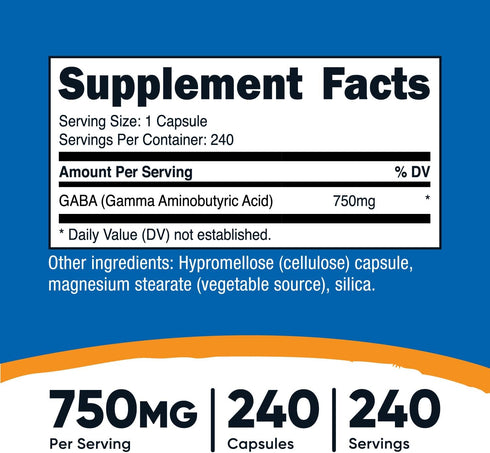 Nutricost GABA (Gamma Aminobutyric Acid) 750mg, 240 Capsules, 240 Servings - Non-GMO, Gluten Free