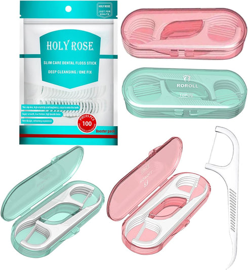Holy Rose Dental Floss Picks with Portable Case, 4 Box, 140 Count Flosser Toothpick for Oral Care