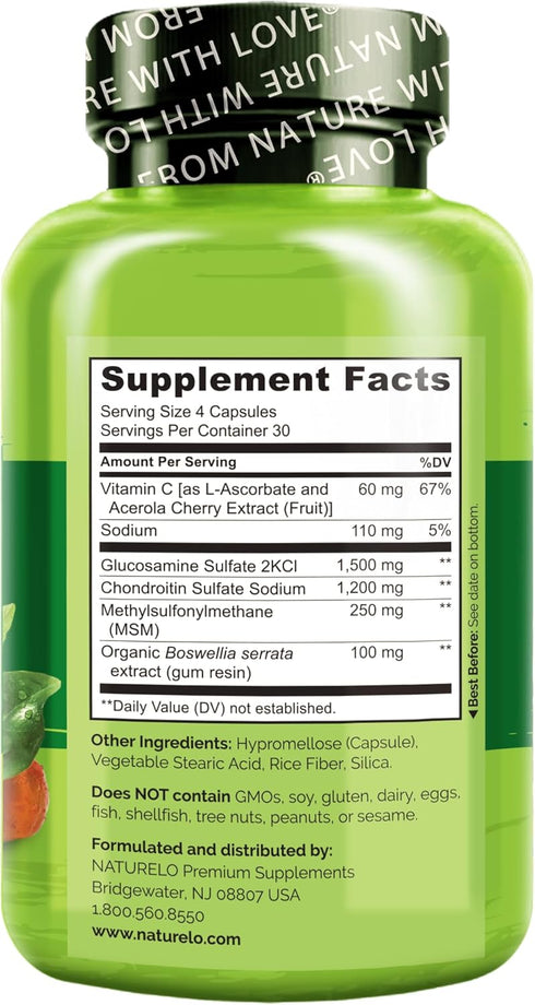NATURELO Glucosamine Chondroitin MSM with Boswellia & Vitamin C - Joint Support Supplement, 120 Capsules