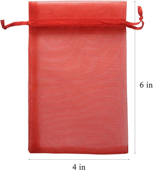 50pc Red Organza Sheer Fabric Gifts Wrap Bags, Drawstring Sachet for Baby Shower Favor, Coin, Necklace, Festival Decor