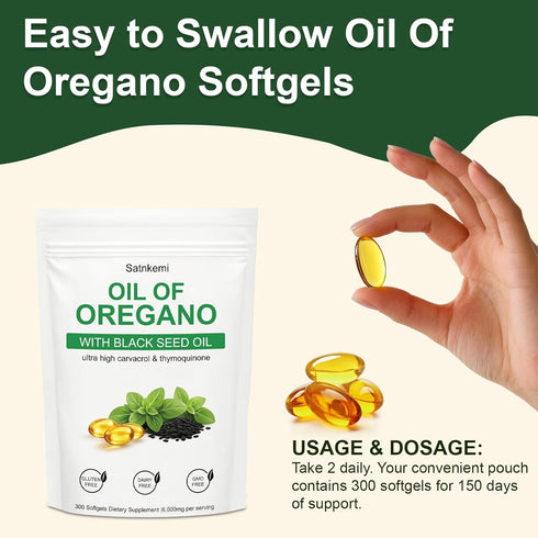 Satnkemi 4X 2-in-1 Immune 300 Oil of Oregano with Black Seed Oil Softgels | Strength Carvacrol & Thymoquinone| Formula