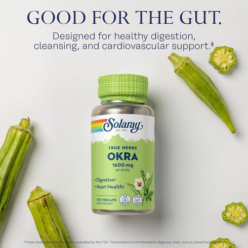 SOLARAY Okra Fruit 1600 mg, 100 VegCaps, Healthy Digestion, Regularity and Heart Health Support Supplement