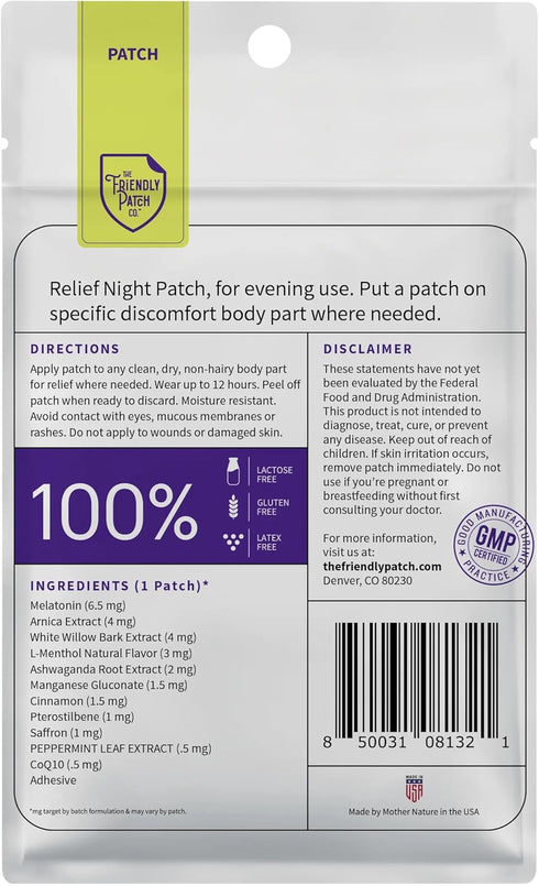 Relief Night Patch - 8 pack with Arnica, White Willow Bark, Melatonin for Soreness and Sleep