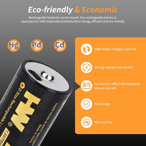 HW USB-C Rechargeable 1.5V Lithium D Batteries, 2-Pack 5000mAh/7500mWh, Fast Charging, Long Lasting