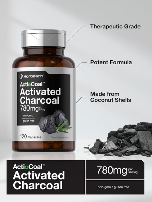 Horbaach Charcoal Pills 780mg | 120 Capsules | Activated Charcoal from Coconut Shells, Non-GMO, Gluten Free