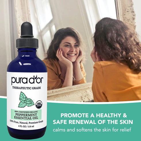 PURA D'OR ORGANIC Peppermint Essential Oil - 4oz with Glass Dropper - 100% Pure & Natural