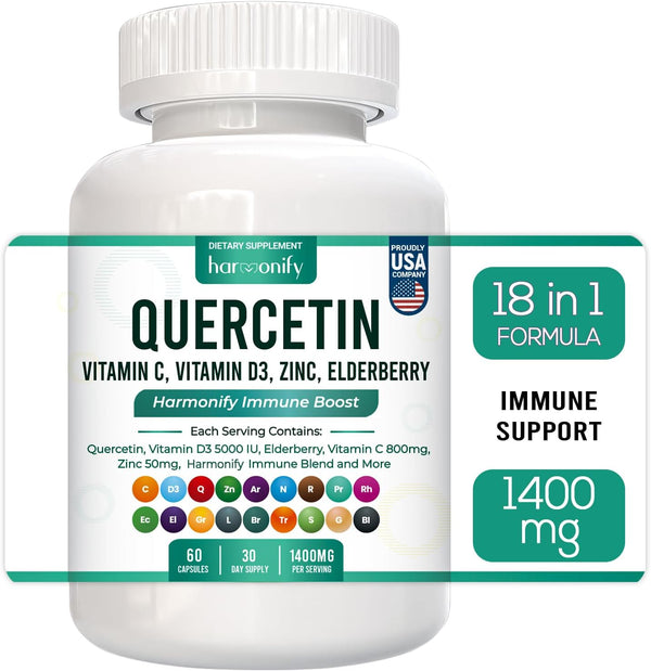 Quercetin with Bromelain - 18 in 1 Supplements with Zinc, Elderberry, Vitamin C & D, 1400 mg