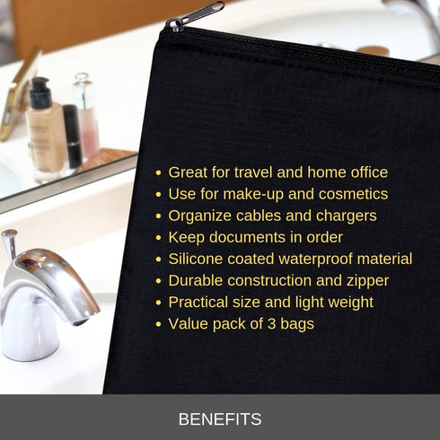 Zipper Bag Set of 3 - Carry All Pouch to Organize Travel Toiletries, Pens, Cosmetics (9.5 x 6.5, Black)