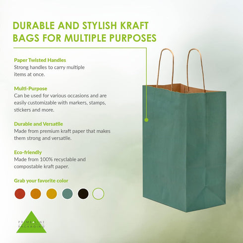 Packaging 8x4x10, 50 Pack Prime Line Green Gift Bags Small, Kraft Paper Bags with Handles for Small Business