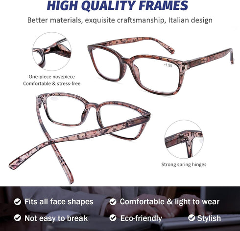 DOOViC 4 Pack Blue Light Blocking Computer Reading Glasses, Anti Eyestrain Stylish Readers for Women, 2.25 Strength