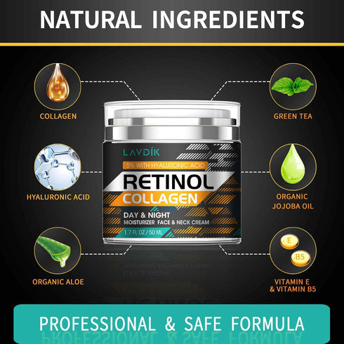 Retinol Cream for Face, Hyaluronic Acid Moisturizer, Anti-Aging Collagen Cream for Women and Men, 1.7 FL OZ