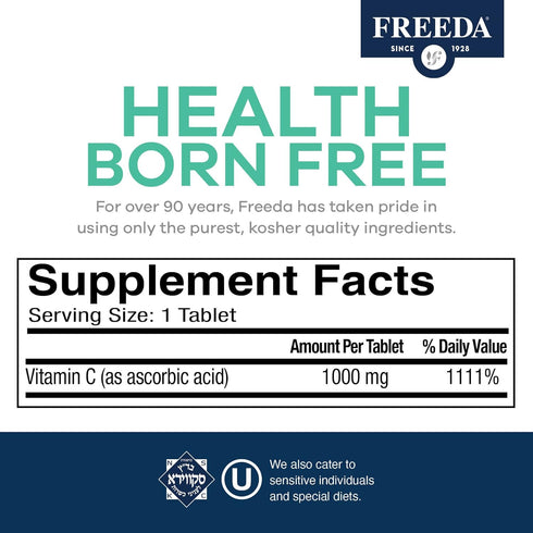 FREEDA Timed Release Vitamin C 1000mg | Powerful Antioxidant Immune Support Supplement, 100 Tablets, Kosher Vegan