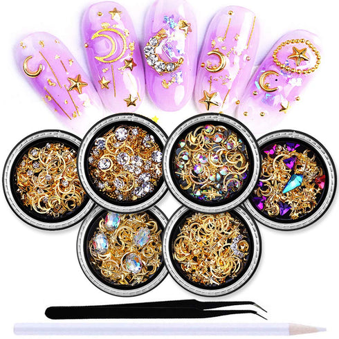 SILPECWEE 3D Nail Rhinestones and Studs Set, 6 Boxes, Gold Nail Rivets, Clear Nail Jewelry Decorations