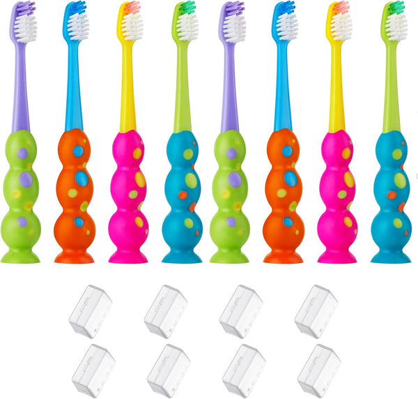 Kids Toothbrush 8 Pack - Soft Contoured Bristles, Child Sized Brush Heads for Ages 3-10, Multi-Color with Suction Cup