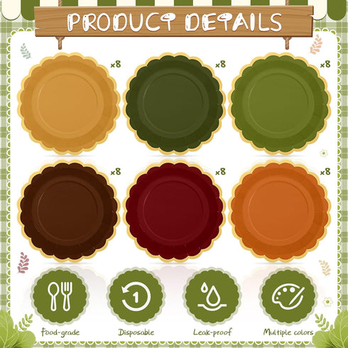 Tiangrid 48 9 Inch 6 Pcs Green and Brown Paper Plates Gradient Woodland Scalloped Paper Plates Disposable Dinner