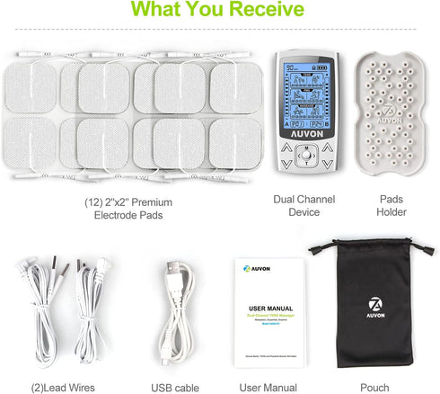 AUVON Dual Channel TENS EMS Unit - 24 Modes Muscle Stimulator for Pain Relief, Rechargeable with 12 Pads