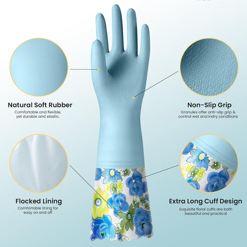 3 Pairs Rubber Cleaning Gloves, Reusable Dishwashing Gloves with Cotton Liner, Long Cuff 16" for Household Use