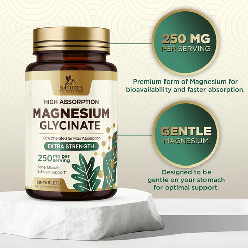 Magnesium Glycinate Supplement 250mg - 60 Tablets High Absorption for Muscle, Heart, Bone Health