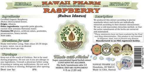 Hawaii Pharm Organic Raspberry Alcohol-Free Liquid Extract, Dried Leaf Glycerite Herbal Supplement, 2 fl.oz