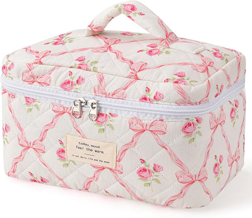Large Travel Quilted Makeup Bag, Cute Bow Cotton Cosmetic Bag, Fashionable Aesthetic Toiletry Bag