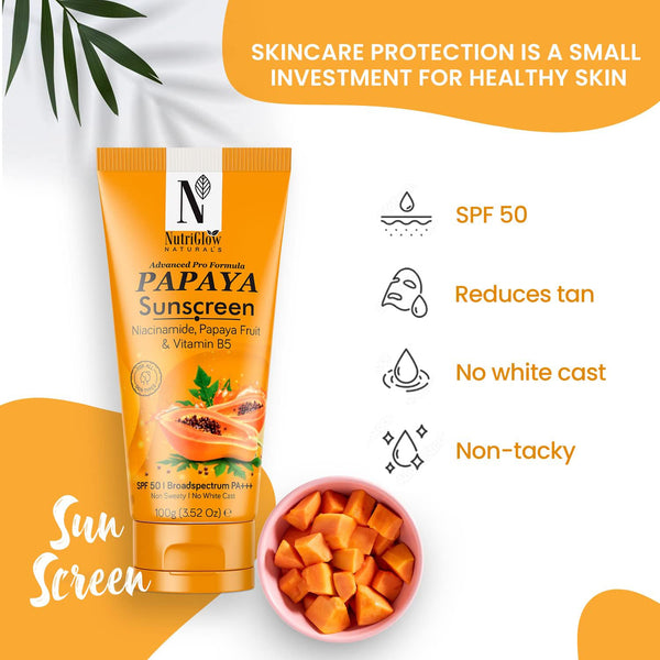 NutriGlow NATURAL'S Advanced Pro Formula Papaya Sunscreen SPF 50, Lightweight, No White Cast, 3.5Oz