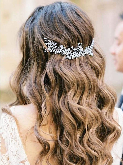 Unsutuo Silver Rhinestone Crystal Bridal Headband, Wedding Hair Vine Pearls for Women and Girls