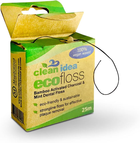 Ecofloss Charcoal Mint Dental Floss, 6x25m - Unwaxed Bamboo Floss, Organic, Biodegradable Floss Refill