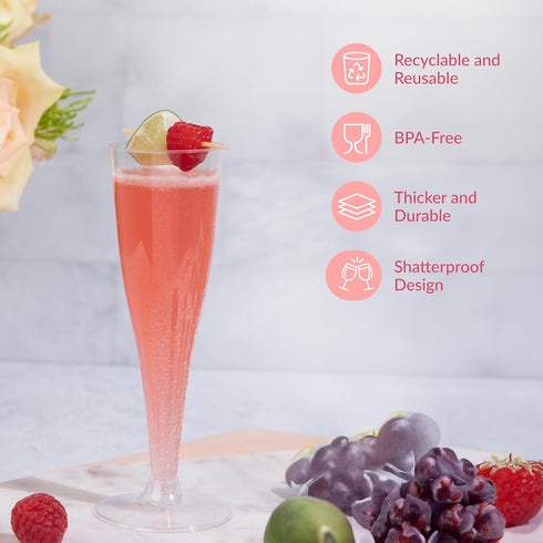 Prestee Set of 24 Clear Plastic Champagne Flutes, 4.5 oz Shatterproof Disposable Glasses for Celebrations