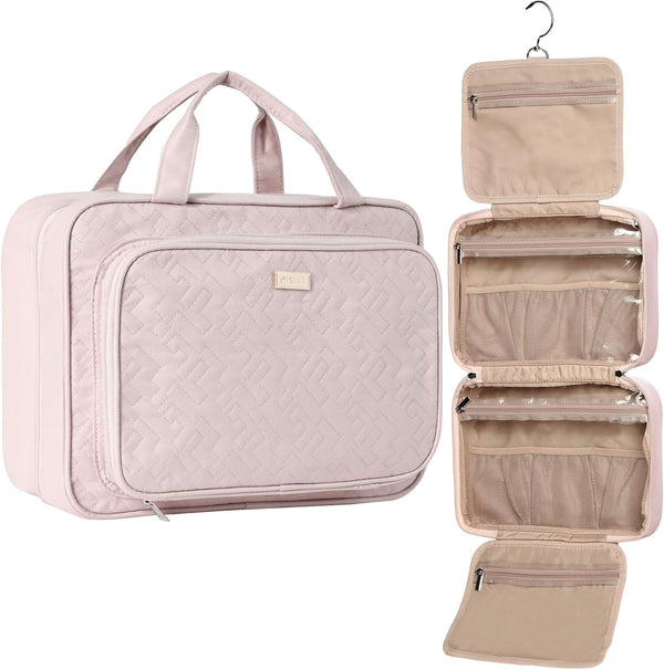 NISHEL Hanging Travel Toiletry Bag - Visible Makeup Organizer Case for Travel Accessories, Bathroom Shower (Pink)