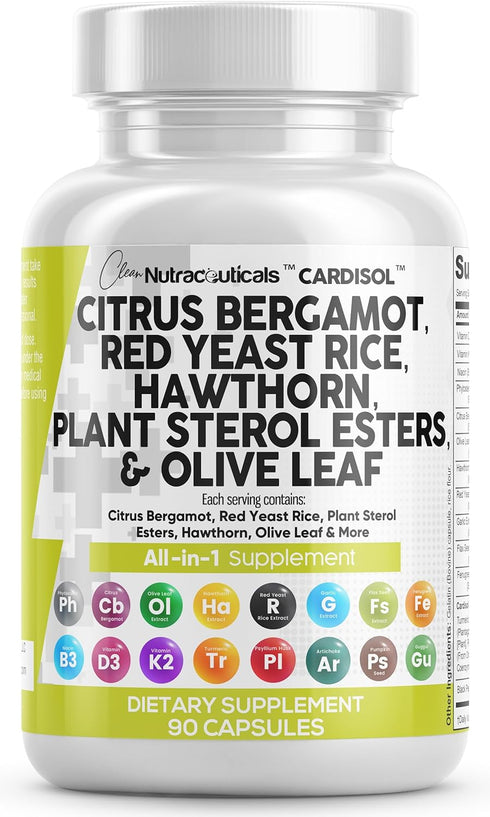 Clean Nutraceuticals Citrus Bergamot 3000mg & Red Yeast Rice 6000mg Capsules, USA Made - with Plant Sterols & More