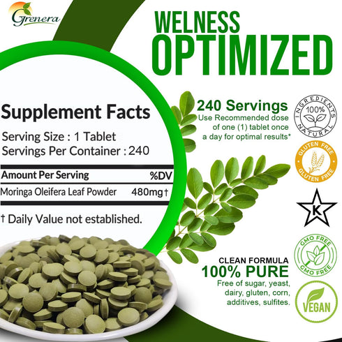 Grenera Moringa Tablets 240 nos, Uncoated Herbal Supplement, Green Superfood, Lab Tested for Purity