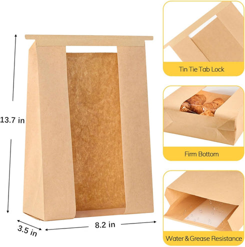Ocmoiy 50Pcs 13.7x8.2x3.5 Inch Tin Tie Tab Lock Large Paper Bread Bags for Homemade Sourdough Bread Bags Resealable