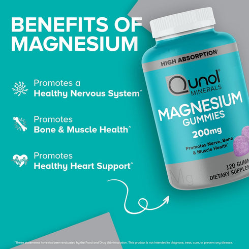 Qunol Magnesium Gummies 200mg, High Absorption Magnesium Supplement, Supports Nerve, Bone, Muscle Health, 120 Count