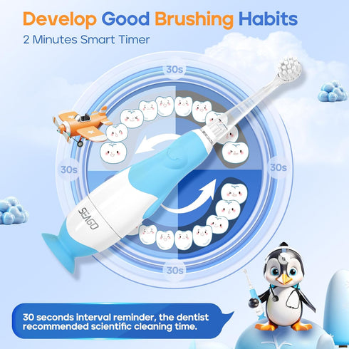 SEAGO Toddler Electric Toothbrush for Ages 0-3, Smart Timer, Suction Base, 4 Replacement Brushheads (Blue-C)