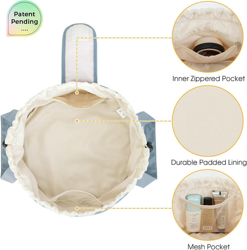 Barrel Drawstring Makeup Bag, Large Cosmetic Bag Toiletry Organizer for Women (Greyish Blue)