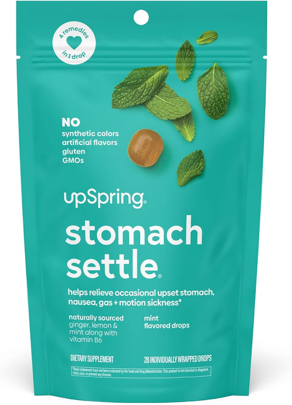 UpSpring Stomach Settle Drops - Occasional Nausea Relief with Ginger, Lemon, Spearmint, B6, Mint Flavor, 28 Ct