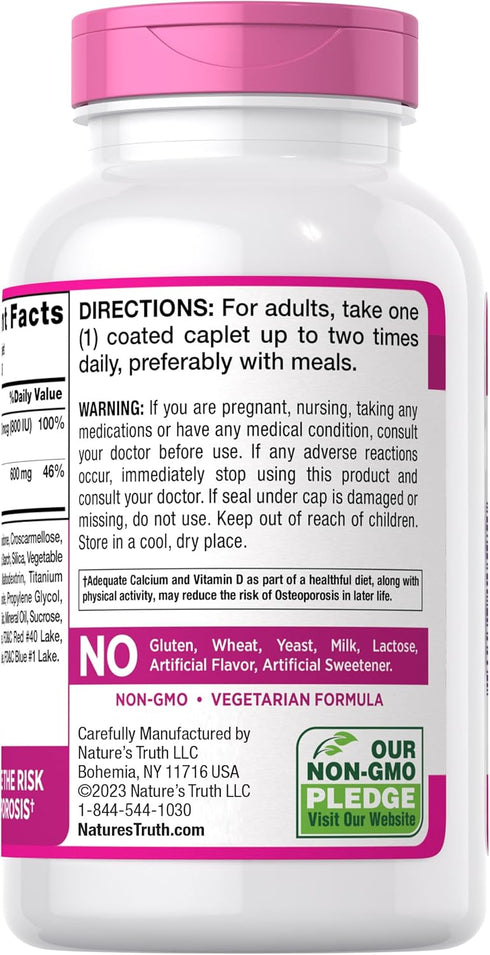 Nature's Truth Calcium 600mg with Vitamin D3, 250 Tablets, Vegetarian, Non-GMO & Gluten Free