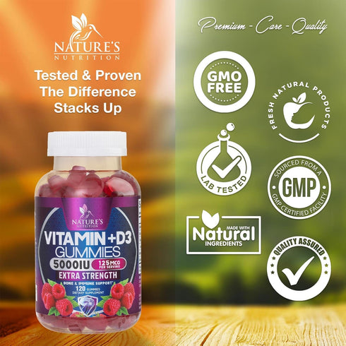 Vitamin D3 Gummies 5,000 IU, 120 Gummies, Extra Strength for Bone Health and Immune Support, Non-GMO, Tasty Gummy