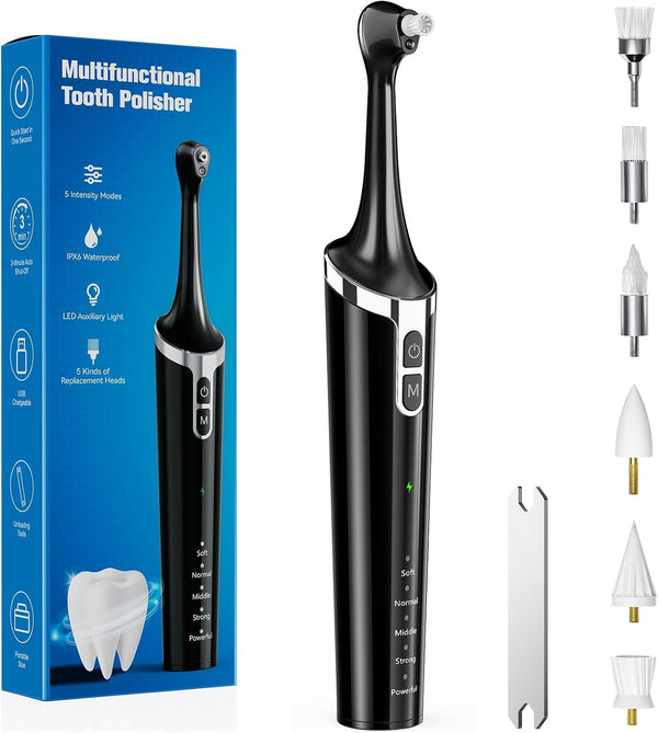 HapyLark Electric Tooth Polisher, Rechargeable Teeth Cleaning Kit with 6 Cleaning Heads, 5