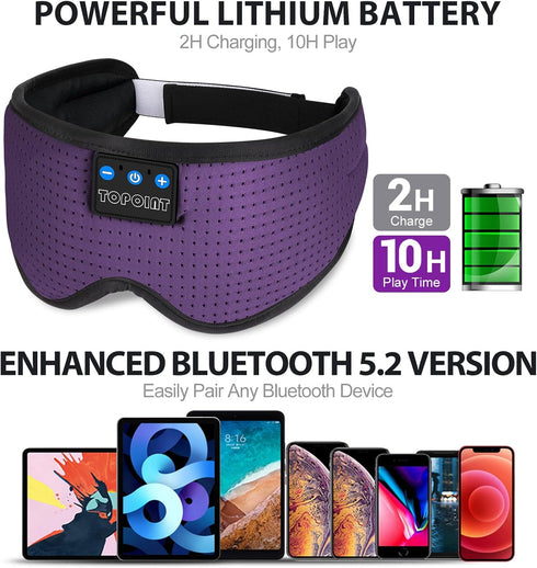 TOPOINT Bluetooth Sleep Eye Mask, Wireless Headphones for Travel with Microphone for Side Sleepers