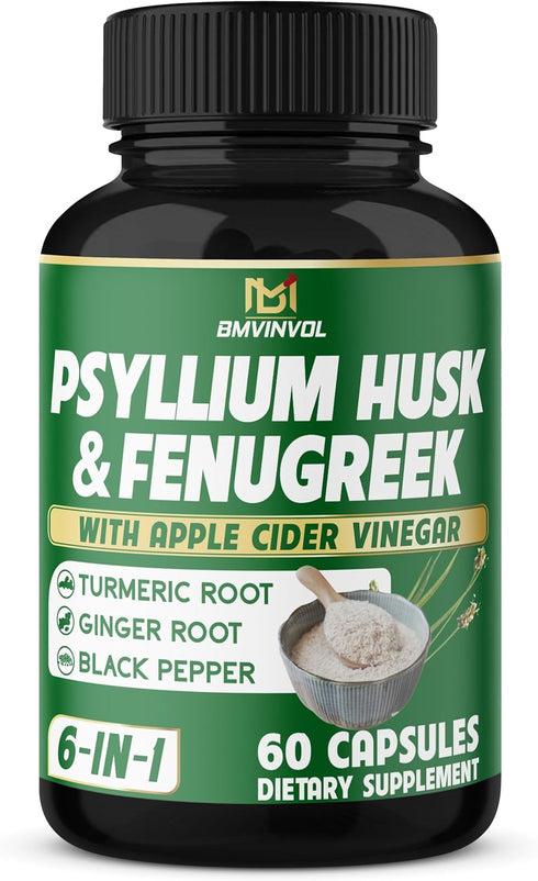 BMVINVOL Psyllium Husk Fiber Supplement with Fenugreek, Apple Cider Vinegar, Turmeric, Ginger, Black Pepper - 60