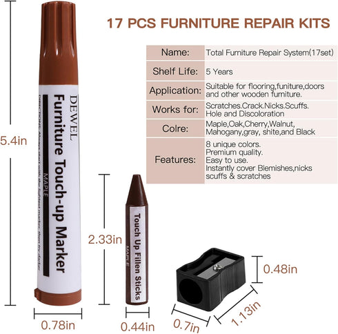 Set 17 DEWEL Furniture Markers Touch Up, Upgrade Wooden Furniture Repair Kit, Premium Wood Scratch Repair Markers