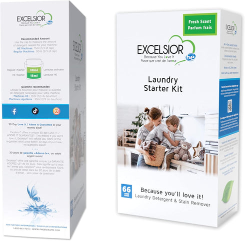 Excelsior HE Liquid Laundry Detergent, Natural Stain Remover, 66 Loads, Fresh Scent, 1 Liter Eco-friendly Starter Pack