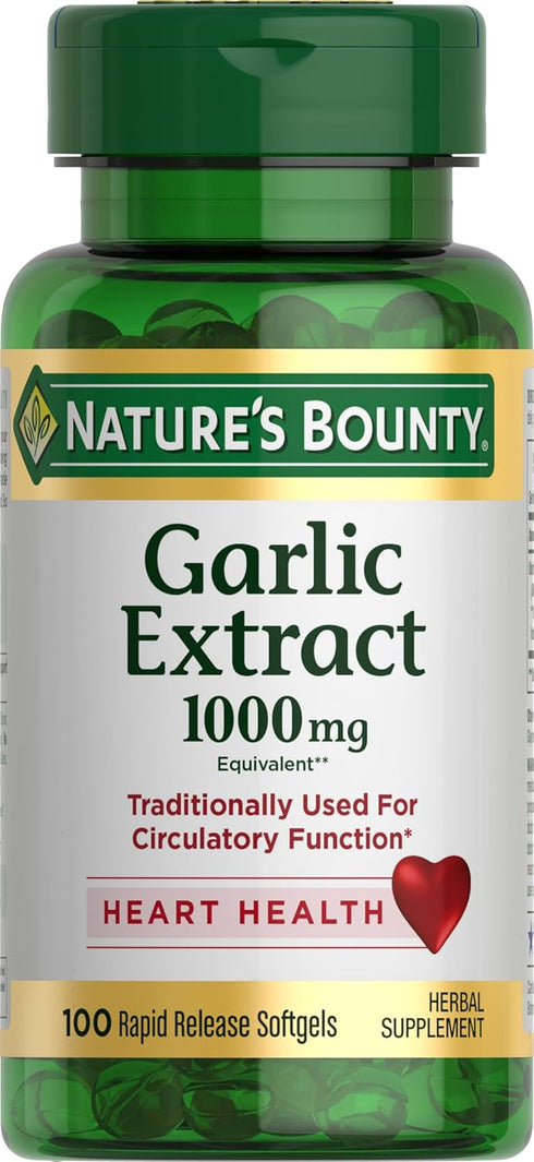 Nature's Bounty Garlic Extract 1000mg - 100 Rapid Release Softgels, Herbal Supplement for Circulatory Function